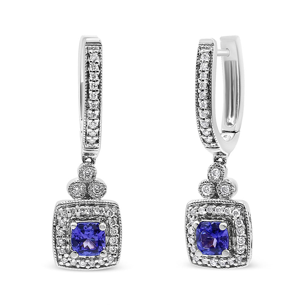 14K White Gold 4x4 mm Cushion Shaped Blue Tanzanite and 1/3 Cttw Diamond Halo 1&quot; Inch Drop and Dangle Earrings (J-K Color, SI2-I1 Clarity) - LinkagejewelrydesignLinkagejewelrydesign