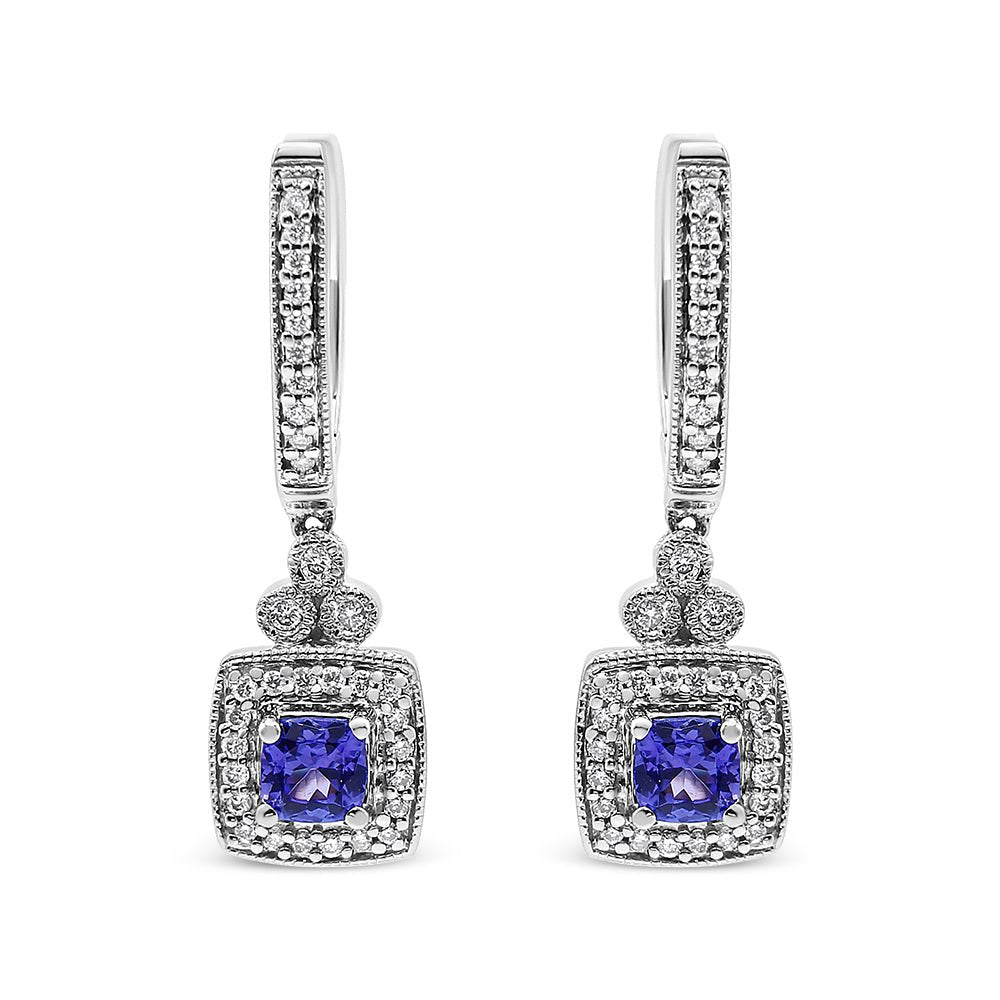 14K White Gold 4x4 mm Cushion Shaped Blue Tanzanite and 1/3 Cttw Diamond Halo 1" Inch Drop and Dangle Earrings (J-K Color, SI2-I1 Clarity) - LinkagejewelrydesignLinkagejewelrydesign