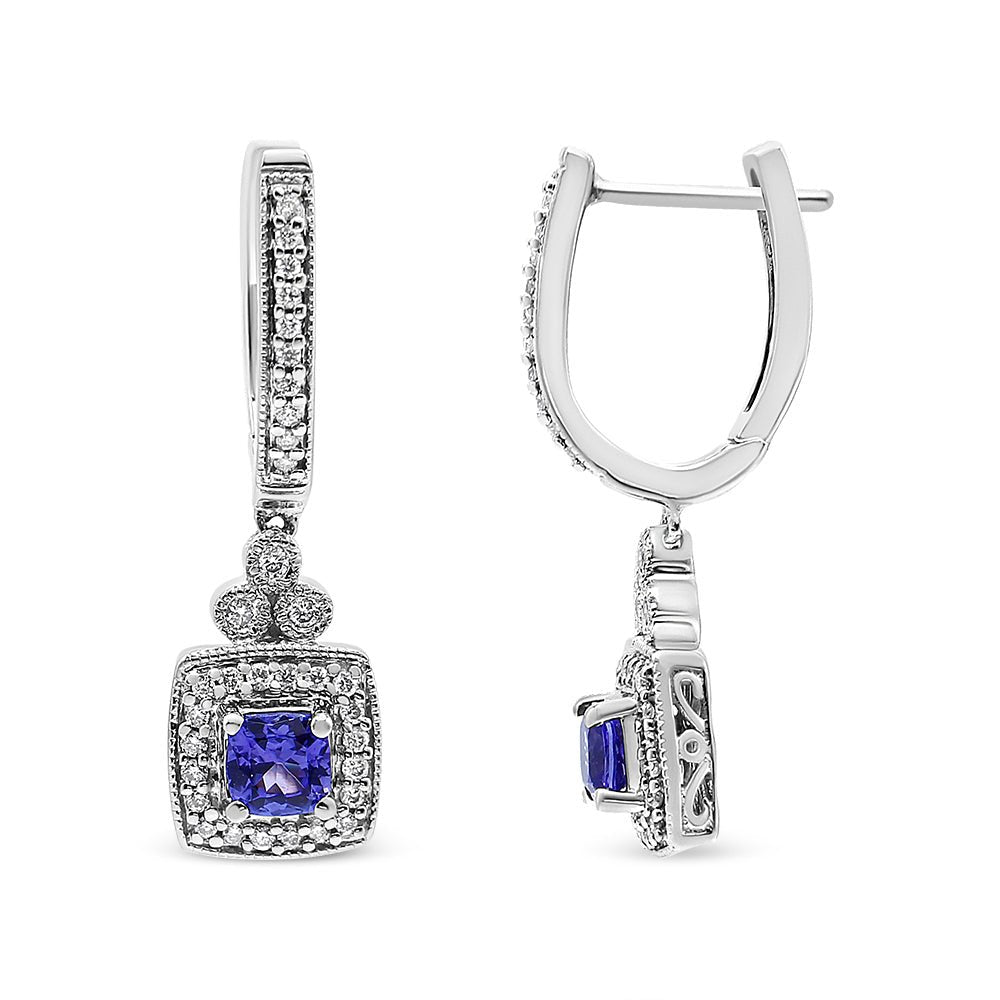 14K White Gold 4x4 mm Cushion Shaped Blue Tanzanite and 1/3 Cttw Diamond Halo 1&quot; Inch Drop and Dangle Earrings (J-K Color, SI2-I1 Clarity) - LinkagejewelrydesignLinkagejewelrydesign