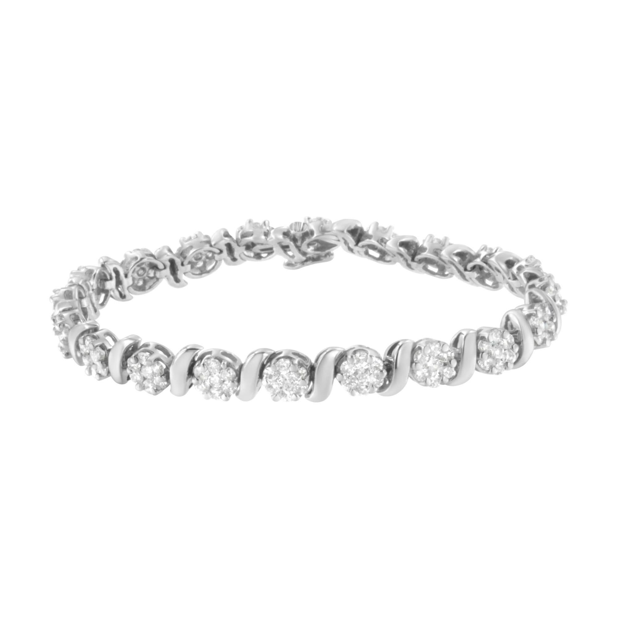 14K White Gold 5 1/4 cttw Diamond S-Link Floral Cluster Tennis Bracelet (I-J Clarity, SI2-I1 Color) - Size 7" - LinkagejewelrydesignLinkagejewelrydesign