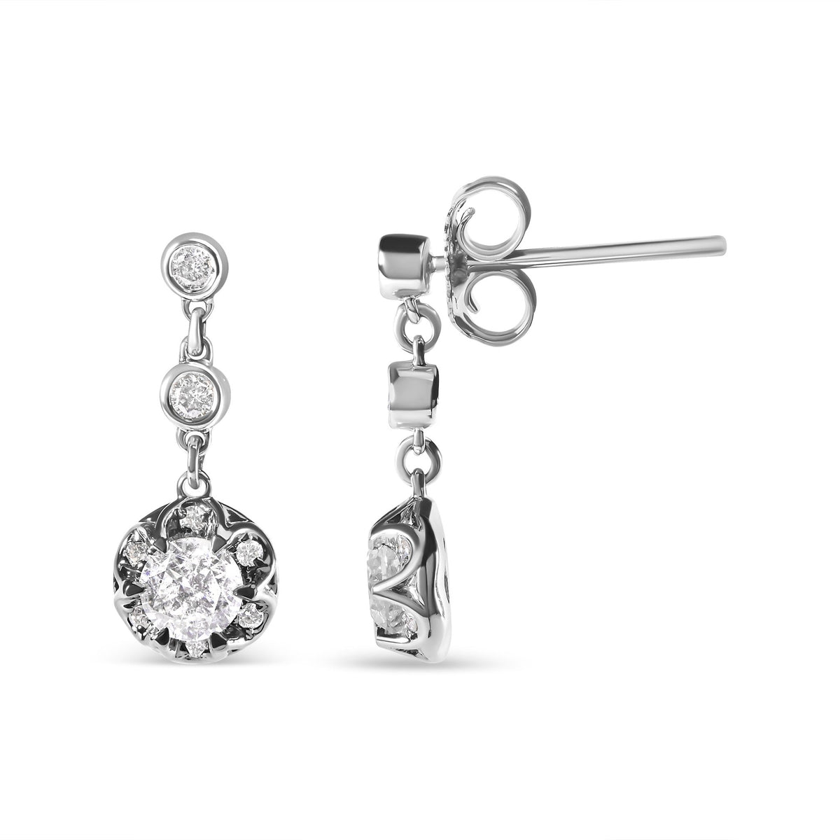 14k White Gold 5/8 Cttw Diamond Halo Drop and Dangle Earrings Stud with Bale (I-J Color, I1-I2 Clarity) - LinkagejewelrydesignLinkagejewelrydesign
