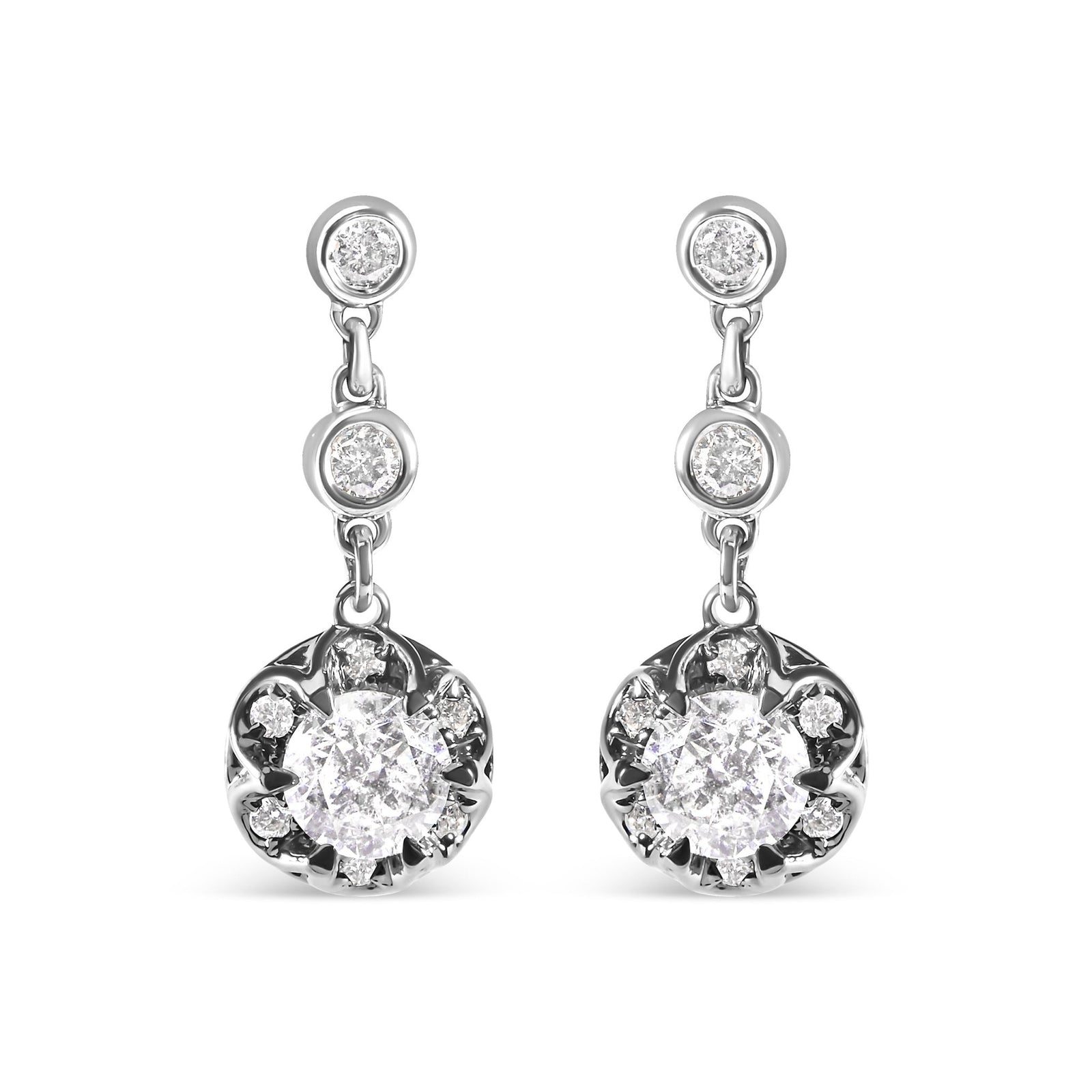 14k White Gold 5/8 Cttw Diamond Halo Drop and Dangle Earrings Stud with Bale (I-J Color, I1-I2 Clarity) - LinkagejewelrydesignLinkagejewelrydesign