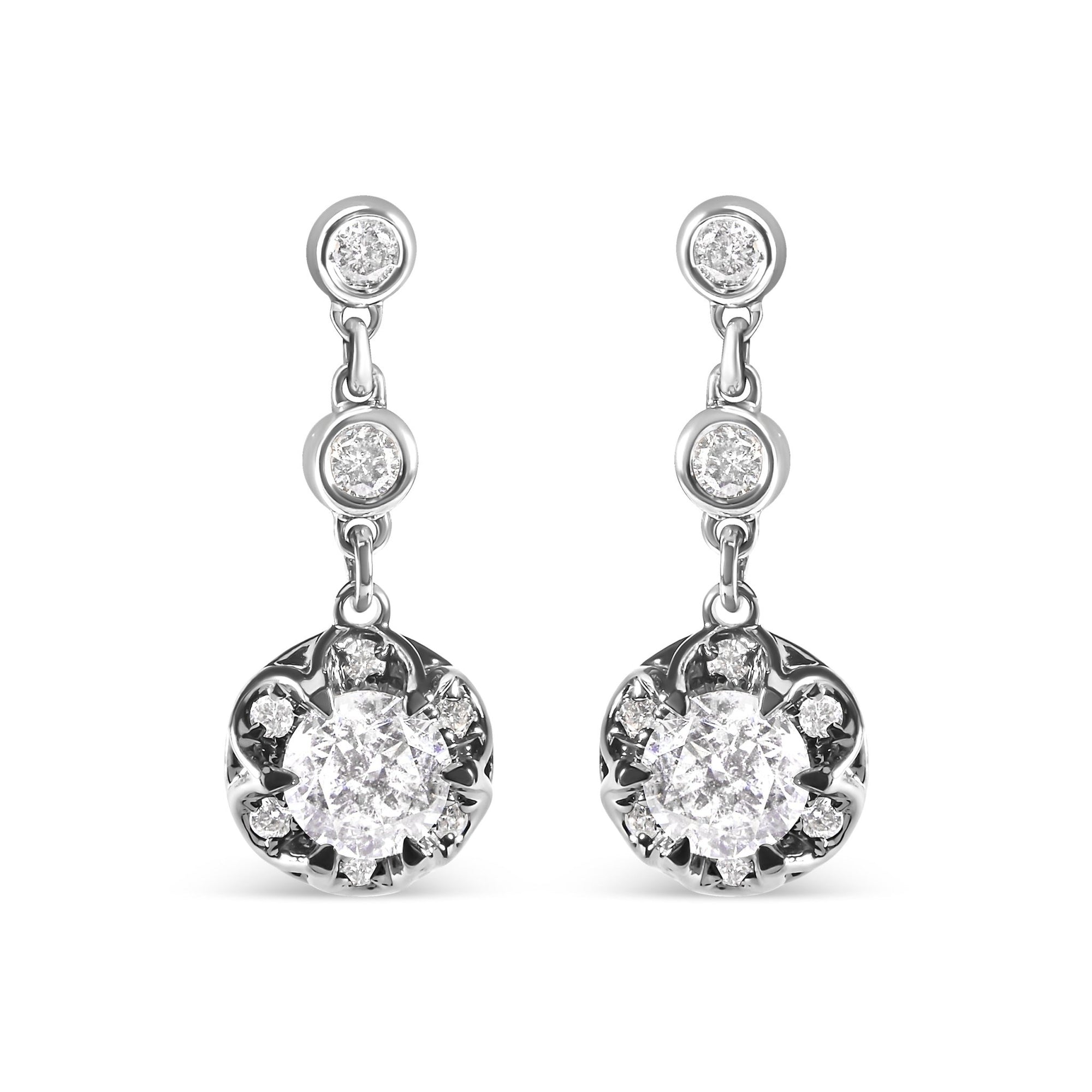 14k White Gold 5/8 Cttw Diamond Halo Drop and Dangle Earrings Stud with Bale (I-J Color, I1-I2 Clarity) - LinkagejewelrydesignLinkagejewelrydesign