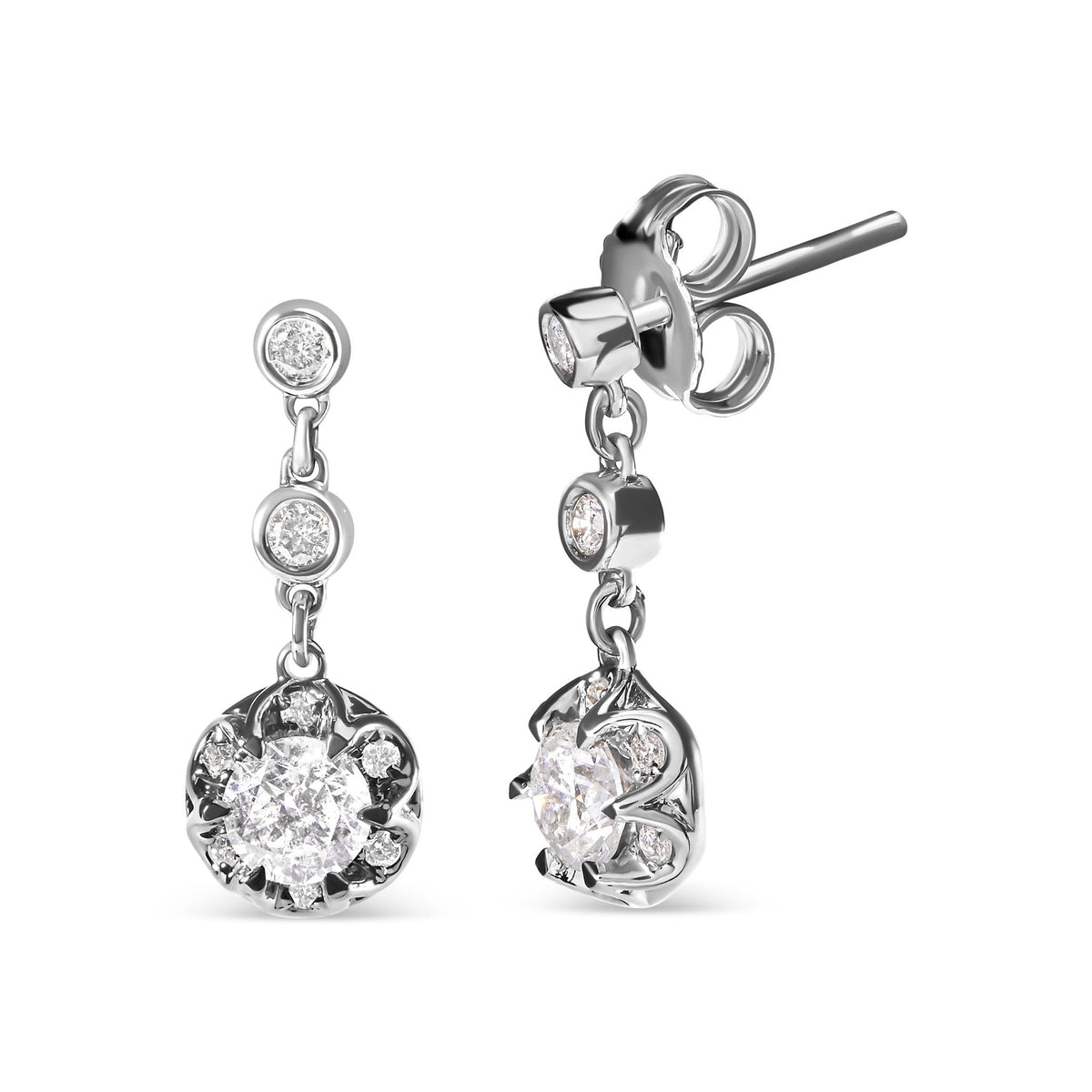 14k White Gold 5/8 Cttw Diamond Halo Drop and Dangle Earrings Stud with Bale (I-J Color, I1-I2 Clarity) - LinkagejewelrydesignLinkagejewelrydesign