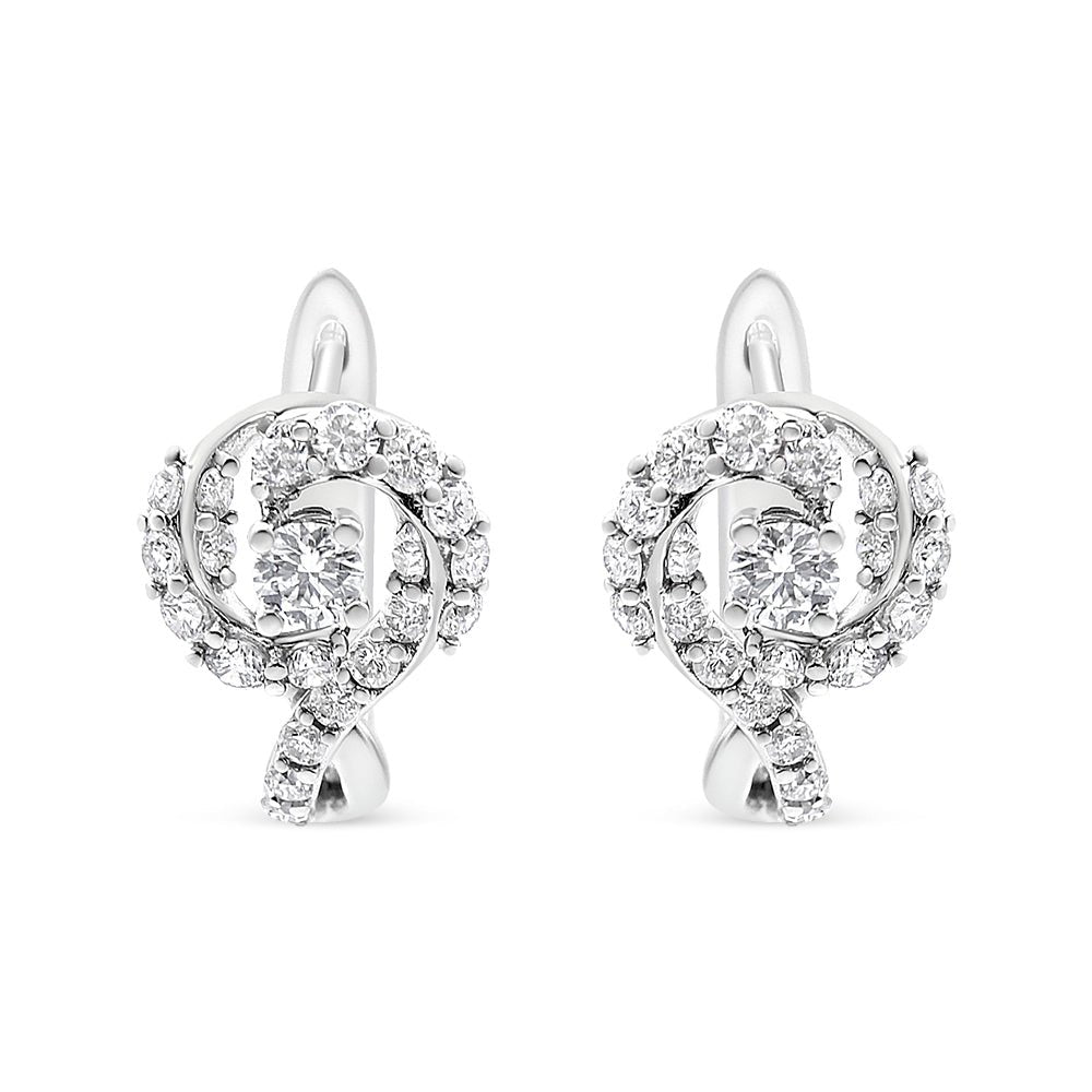 14K White Gold 5/8 Cttw Diamond Solitaire Halo Swirl Huggie Hoop Earrings (J-K Color, SI2-I1 Clarity) - LinkagejewelrydesignLinkagejewelrydesign