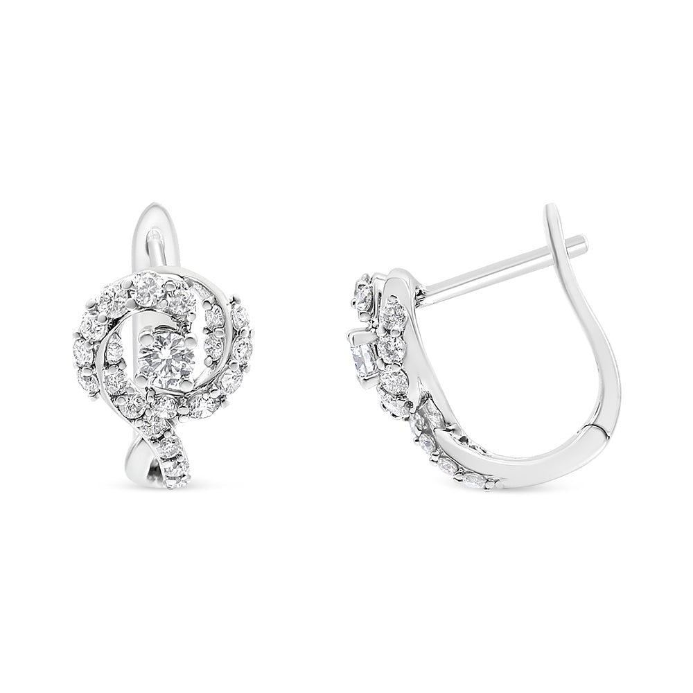 14K White Gold 5/8 Cttw Diamond Solitaire Halo Swirl Huggie Hoop Earrings (J-K Color, SI2-I1 Clarity) - LinkagejewelrydesignLinkagejewelrydesign