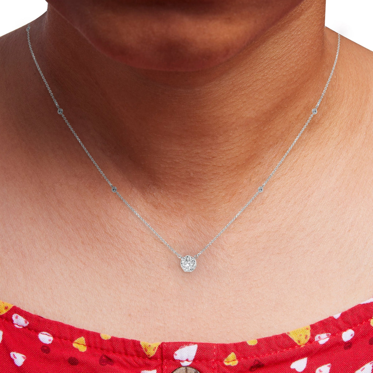 14k White Gold 5/8 Cttw Solitaire and Swirl Halo 18&quot; Pendant Necklace (H-I Color, I1-I2 Clarity) - LinkagejewelrydesignLinkagejewelrydesign