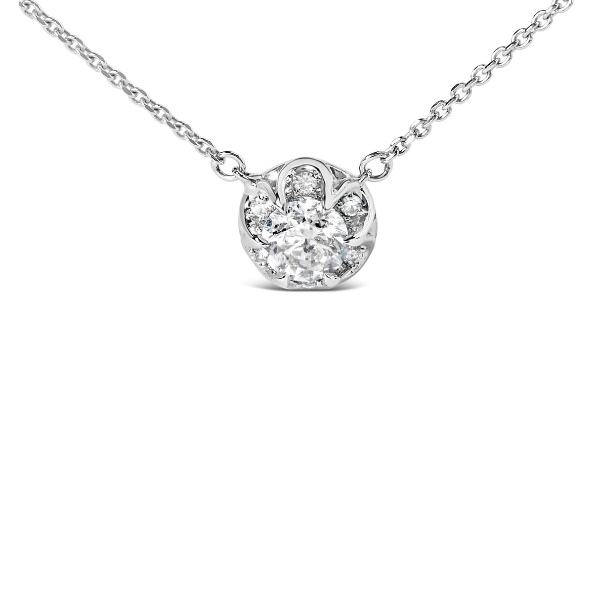 14k White Gold 5/8 Cttw Solitaire and Swirl Halo 18&quot; Pendant Necklace (H-I Color, I1-I2 Clarity) - LinkagejewelrydesignLinkagejewelrydesign