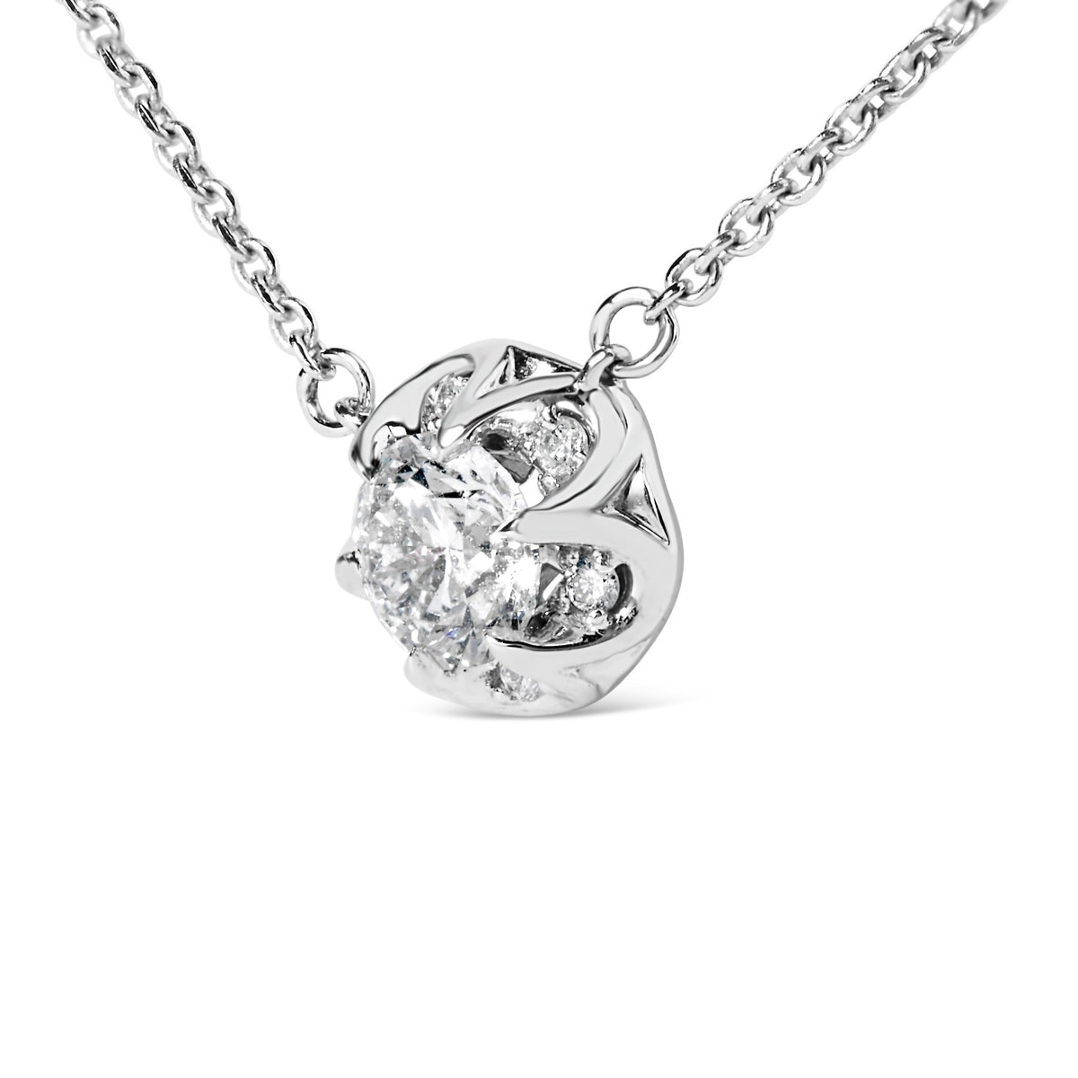 14k White Gold 5/8 Cttw Solitaire and Swirl Halo 18&quot; Pendant Necklace (H-I Color, I1-I2 Clarity) - LinkagejewelrydesignLinkagejewelrydesign