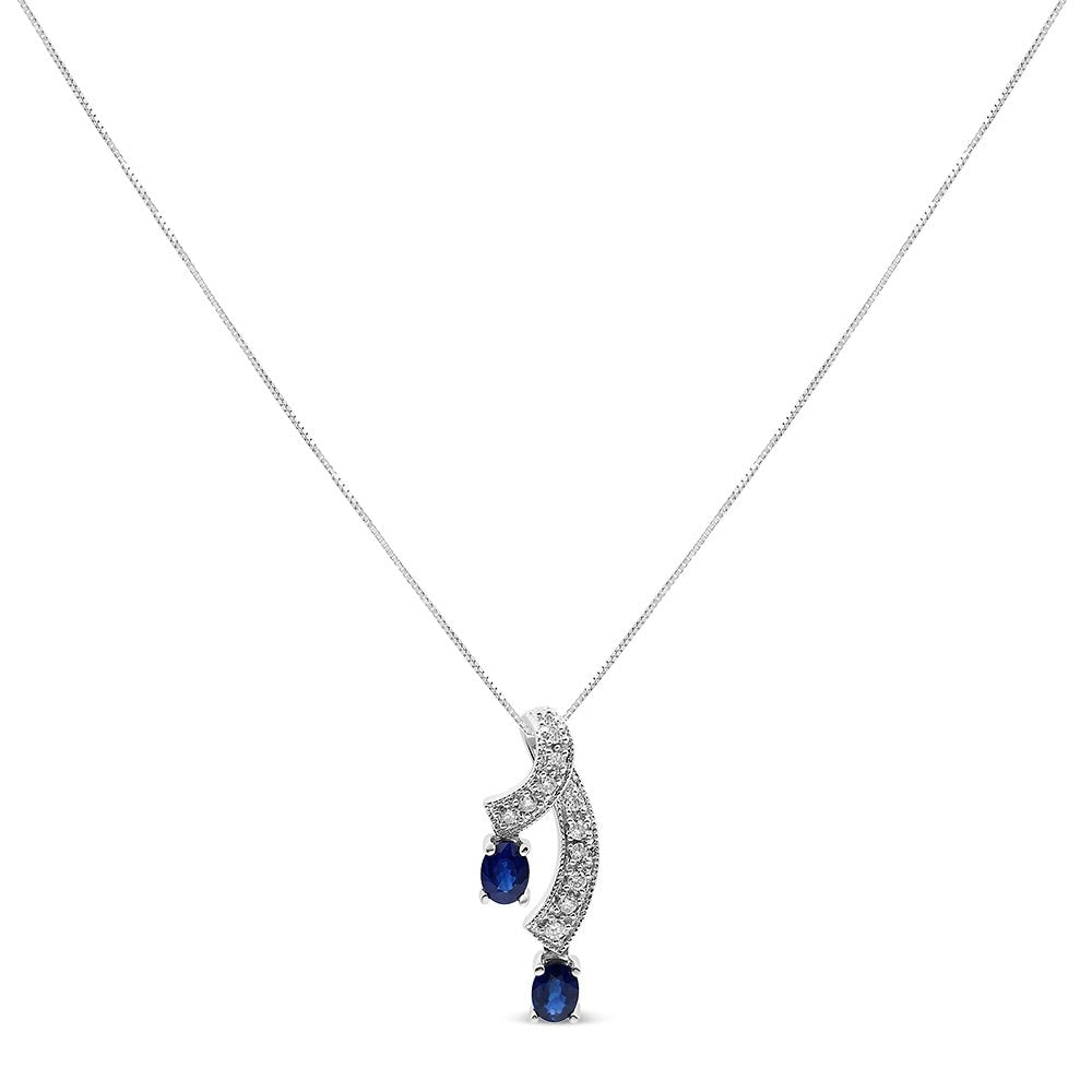 14K White Gold 5x4 MM Oval Shaped Natural Blue Sapphire and Diamond Accent Double Drop Ribbon 18&quot; Pendant Necklace (J-K Color, SI2-I1 Clarity) - LinkagejewelrydesignLinkagejewelrydesign
