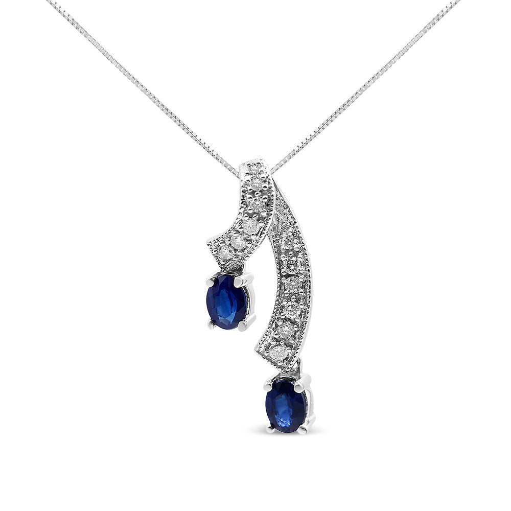 14K White Gold 5x4 MM Oval Shaped Natural Blue Sapphire and Diamond Accent Double Drop Ribbon 18" Pendant Necklace (J-K Color, SI2-I1 Clarity) - LinkagejewelrydesignLinkagejewelrydesign