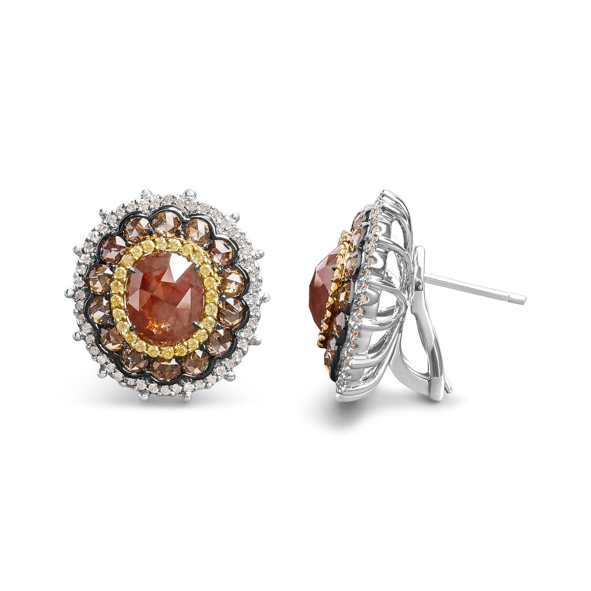 14K White Gold 6 1/2 Cttw Rose Cut Fancy Colored Diamond Triple Halo Stud Earring (Fancy Color, I2-I3 Clarity) - LinkagejewelrydesignLinkagejewelrydesign