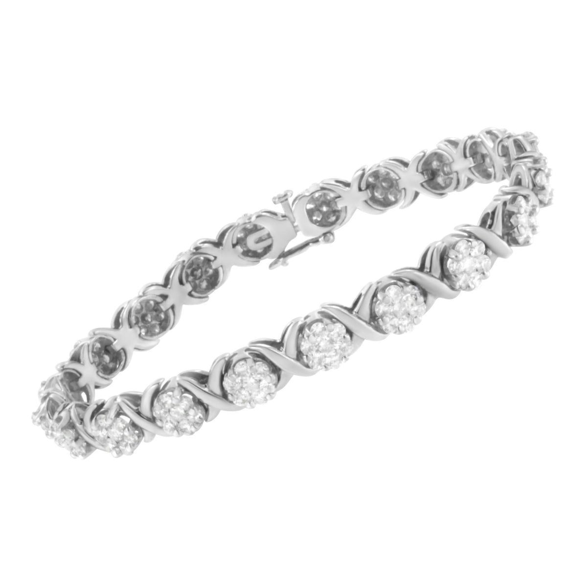 14K White Gold 6-1/3 Cttw Round Brilliant-Cut Diamond Round Cluster &amp; X-Link 7&quot; Tennis Bracelet (I-J Color, SI2-I1 Clarity) - LinkagejewelrydesignLinkagejewelrydesign