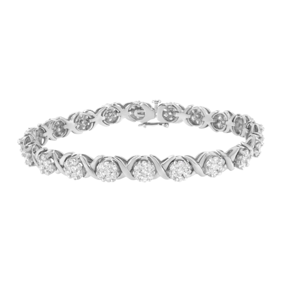 14K White Gold 6-1/3 Cttw Round Brilliant-Cut Diamond Round Cluster &amp; X-Link 7&quot; Tennis Bracelet (I-J Color, SI2-I1 Clarity) - LinkagejewelrydesignLinkagejewelrydesign