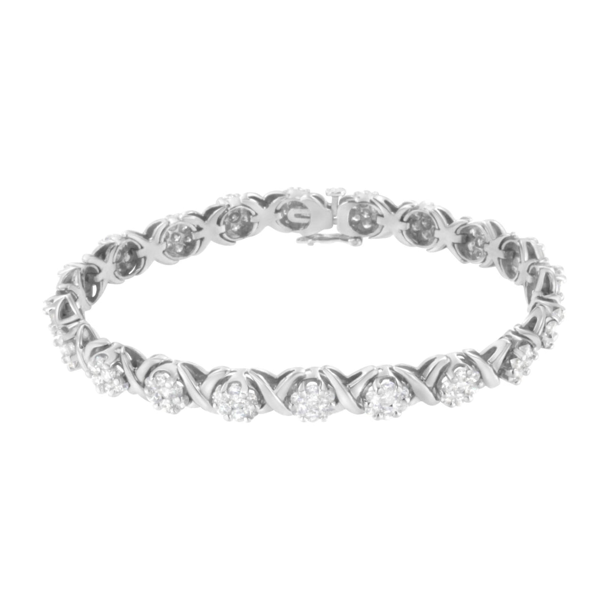 14K White Gold 6-1/3 Cttw Round Brilliant-Cut Diamond Round Cluster &amp; X-Link 7&quot; Tennis Bracelet (I-J Color, SI2-I1 Clarity) - LinkagejewelrydesignLinkagejewelrydesign