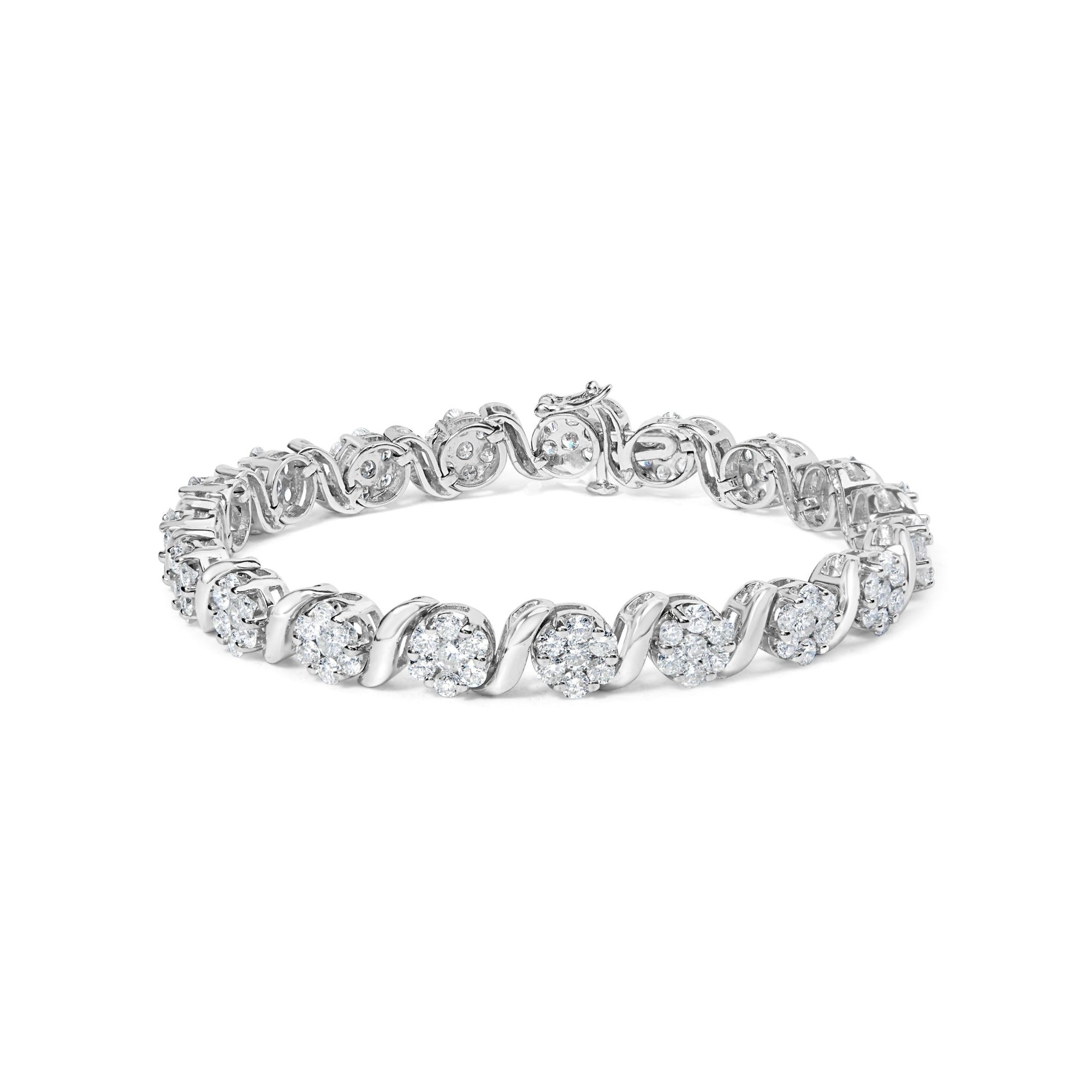 14K White Gold 7 3/8 Cttw Round Brilliant Diamond Floral Cluster and S Link Bracelet (H-I Color, SI2-I1 Clarity) - 7" Inches - LinkagejewelrydesignLinkagejewelrydesign