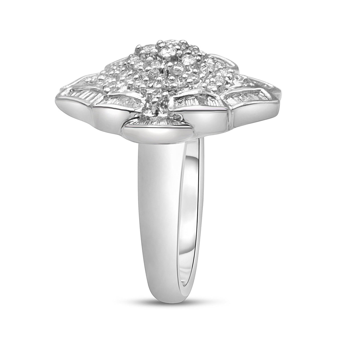 14K White Gold 7/8 Cttw Round and Baguette-Cut Diamond Cluster Ring (H-I Color, SI2-I1 Clarity) - Size 7 - LinkagejewelrydesignLinkagejewelrydesign
