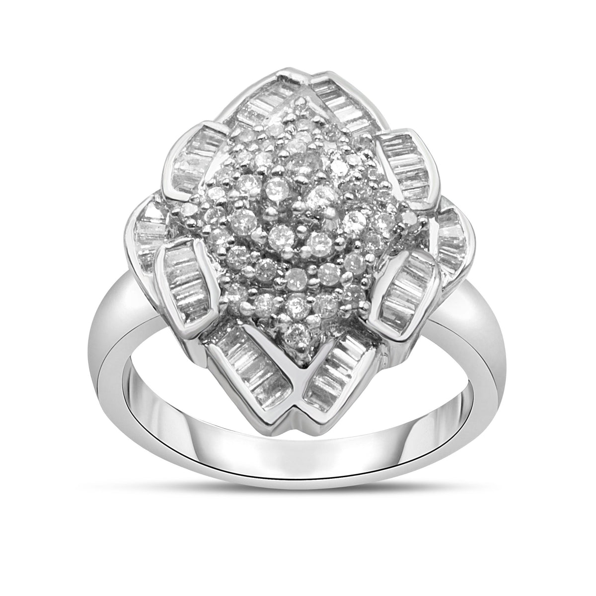 14K White Gold 7/8 Cttw Round and Baguette-Cut Diamond Cluster Ring (H-I Color, SI2-I1 Clarity) - Size 7 - LinkagejewelrydesignLinkagejewelrydesign