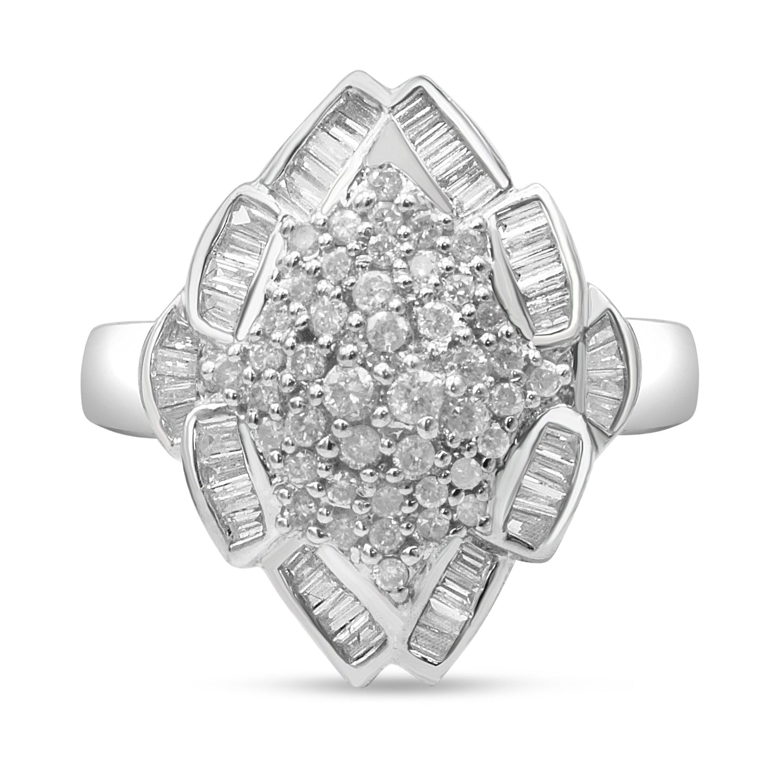 14K White Gold 7/8 Cttw Round and Baguette-Cut Diamond Cluster Ring (H-I Color, SI2-I1 Clarity) - Size 7 - LinkagejewelrydesignLinkagejewelrydesign