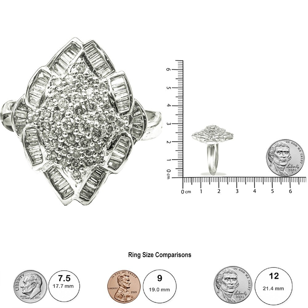 14K White Gold 7/8 Cttw Round and Baguette-Cut Diamond Cluster Ring (H-I Color, SI2-I1 Clarity) - Size 7 - LinkagejewelrydesignLinkagejewelrydesign