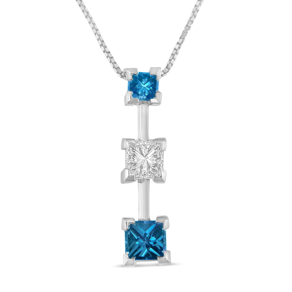 14K White Gold 7/8 cttw Treated Blue and White Princess Cut Diamond Pendant Necklace (H-I, SI2-I1) - LinkagejewelrydesignLinkagejewelrydesign