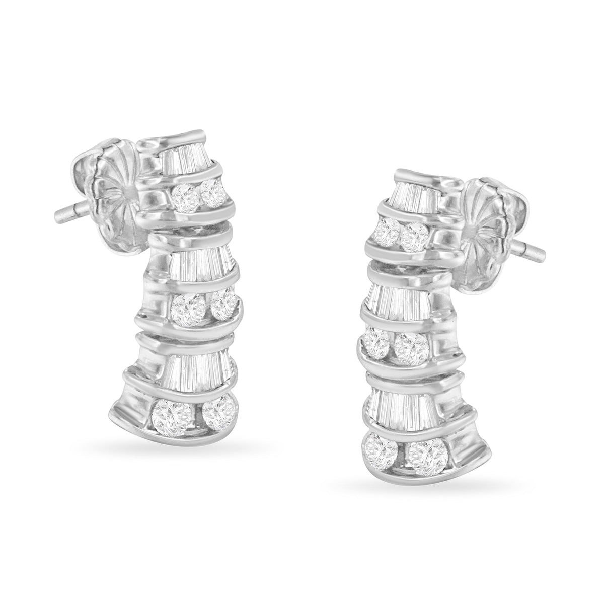 14K White Gold 7/8ct. TDW Round and Baguette-cut Diamond Earrings (H-I,SI2-I1) - LinkagejewelrydesignLinkagejewelrydesign