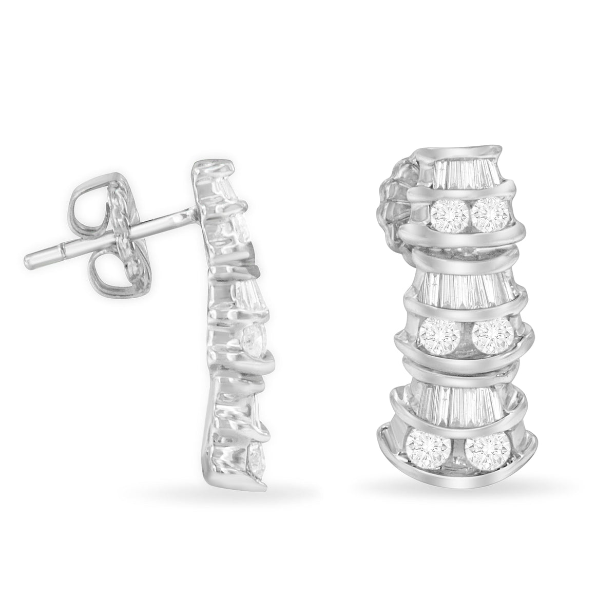 14K White Gold 7/8ct. TDW Round and Baguette-cut Diamond Earrings (H-I,SI2-I1) - LinkagejewelrydesignLinkagejewelrydesign