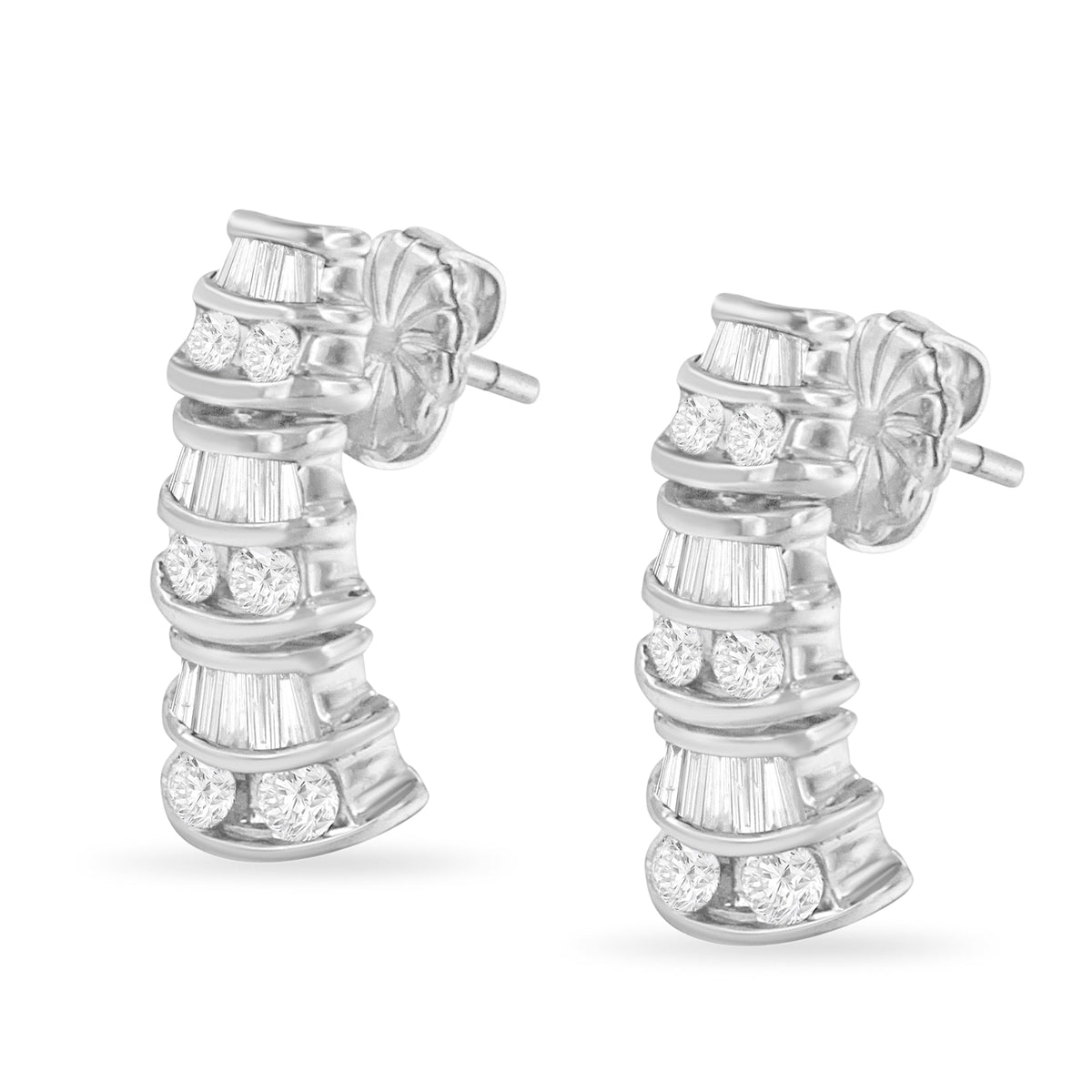 14K White Gold 7/8ct. TDW Round and Baguette-cut Diamond Earrings (H-I,SI2-I1) - LinkagejewelrydesignLinkagejewelrydesign