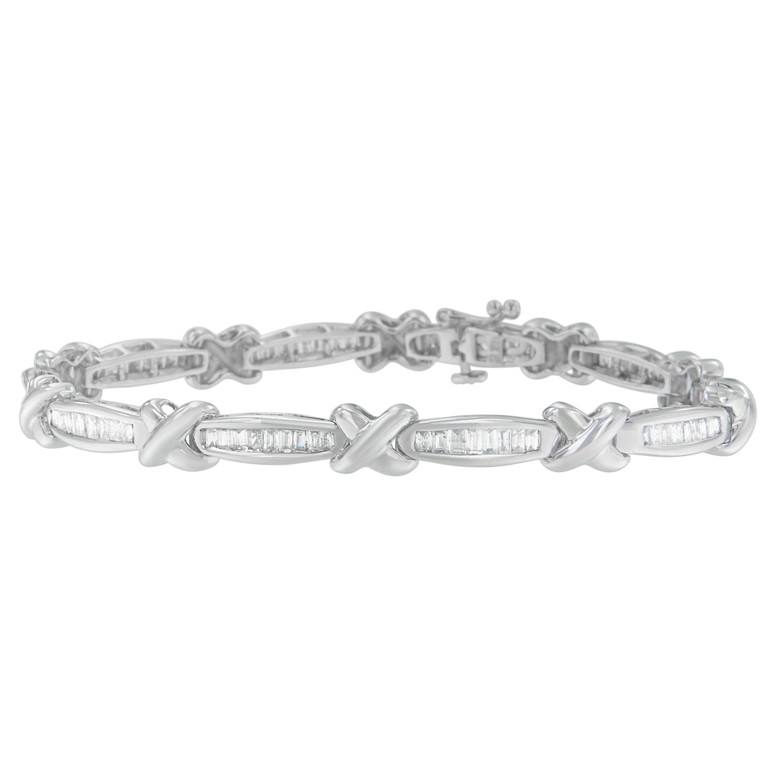 14K White Gold Baguette-Cut Diamond X-Link Bracelet (2.00 cttw, H-I Color, I1-I2 Clarity) - LinkagejewelrydesignLinkagejewelrydesign