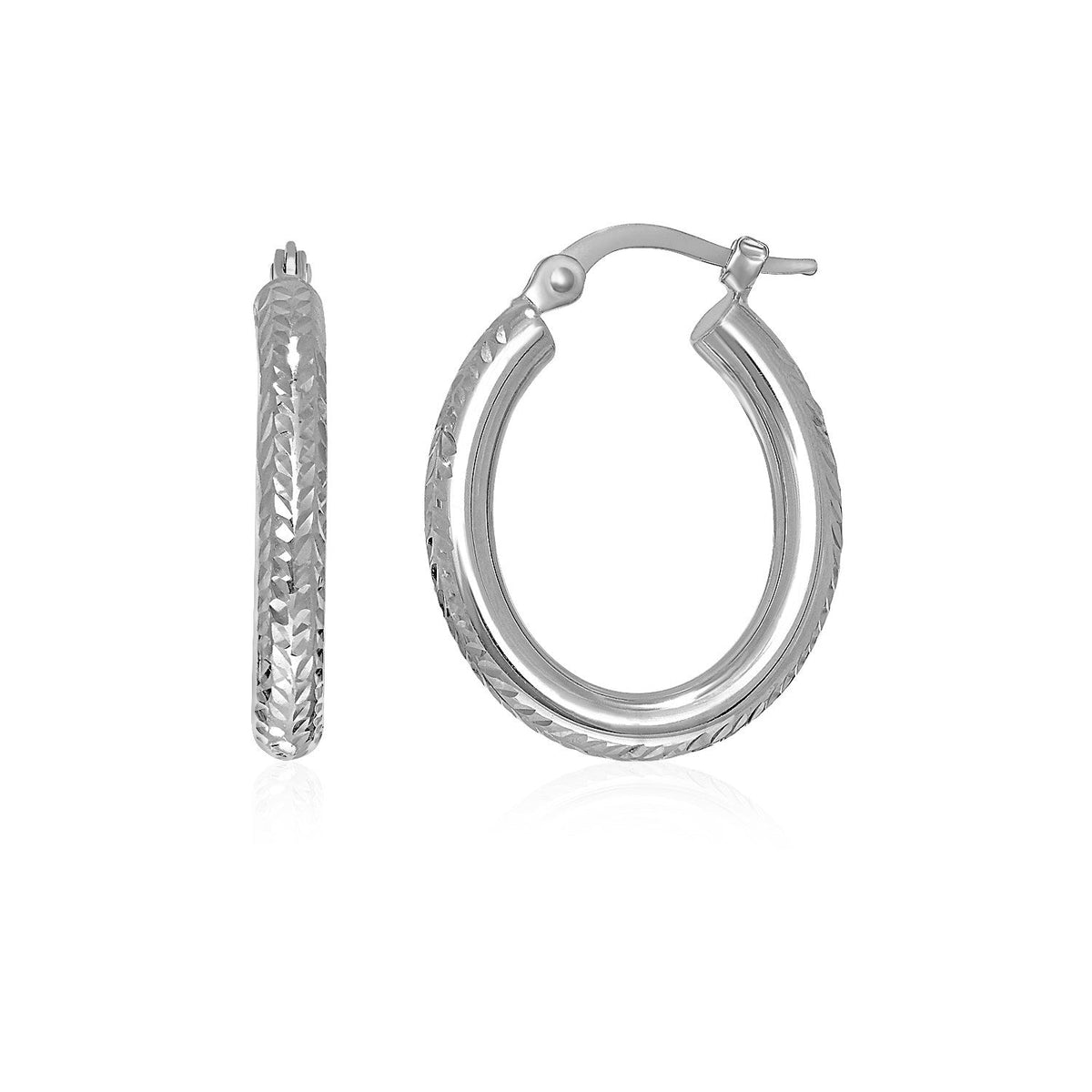 14k White Gold Diamond Cut Textured Oval Hoop Earrings. - LinkagejewelrydesignLinkagejewelrydesign