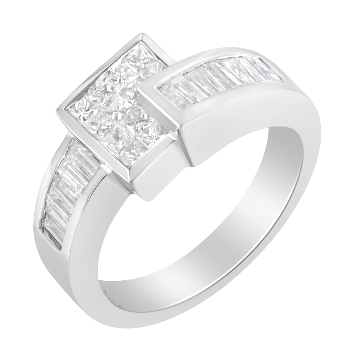 14K White Gold Princess and Baguette-cut Diamond Ring (1 1/3 Cttw, G-H Color, SI2-I1 Clarity) - Size 6-3/4 - LinkagejewelrydesignLinkagejewelrydesign