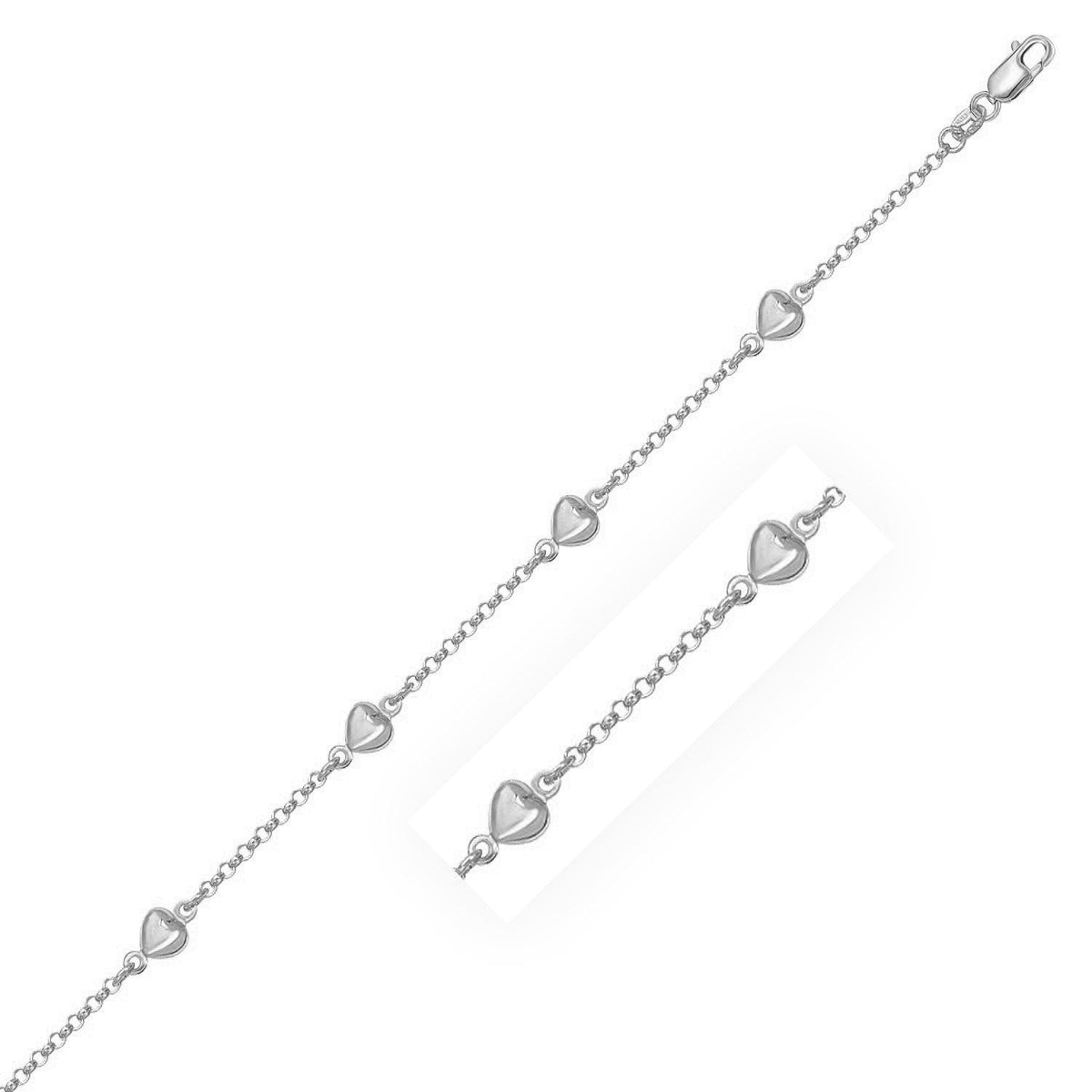 14k White Gold Rolo Chain Bracelet with Puffed Heart Stations - LinkagejewelrydesignLinkagejewelrydesign