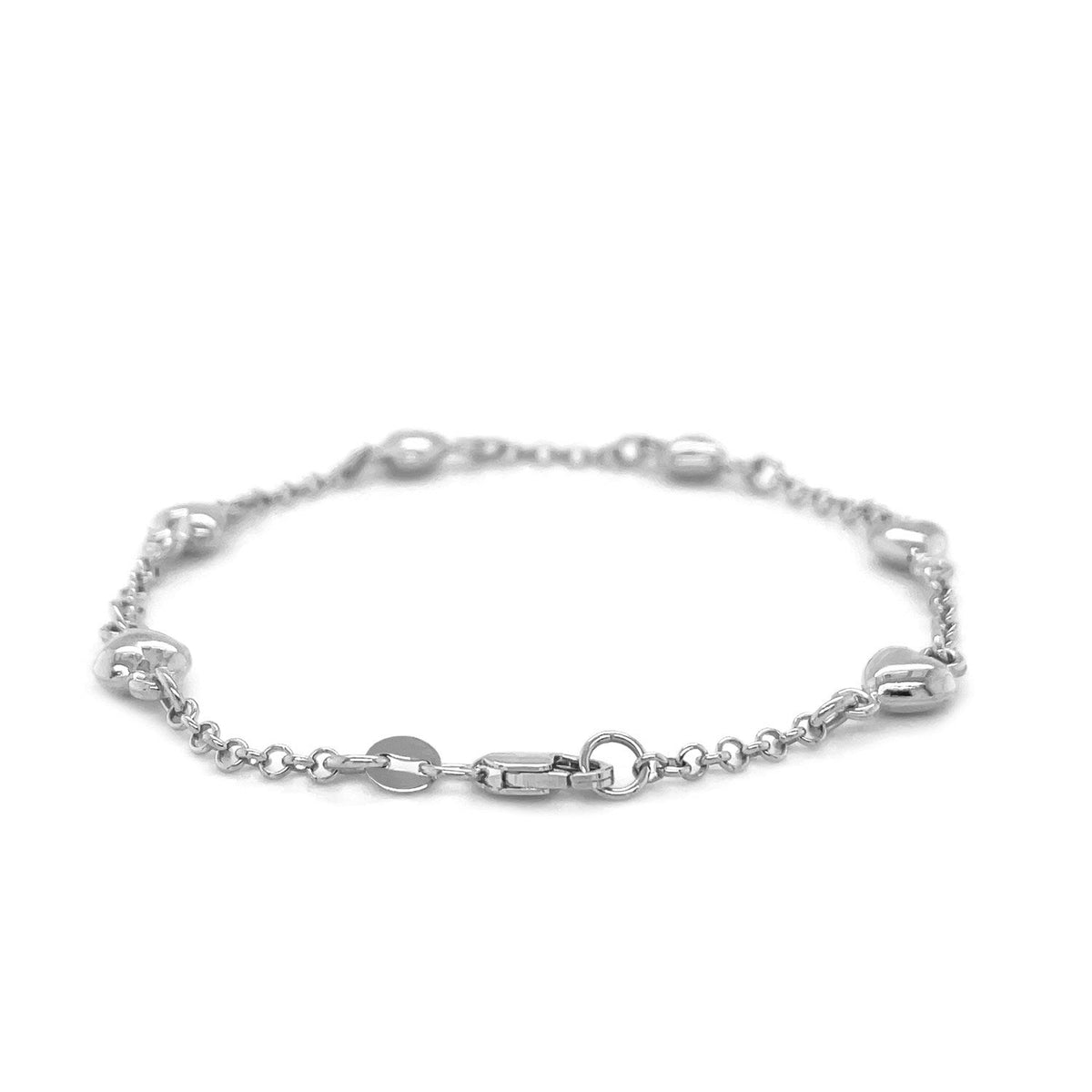 14k White Gold Rolo Chain Bracelet with Puffed Heart Stations - LinkagejewelrydesignLinkagejewelrydesign