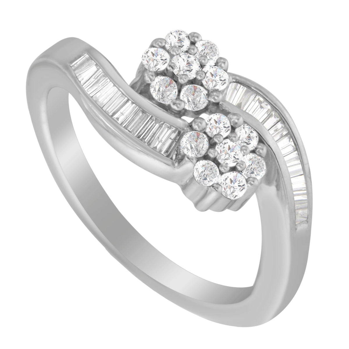 14K White Gold Round and Baguette Diamond Bypass Ring (1/2 cttw, H-I Color, I1-I2 Clarity) - Ring Size 6 - LinkagejewelrydesignLinkagejewelrydesign