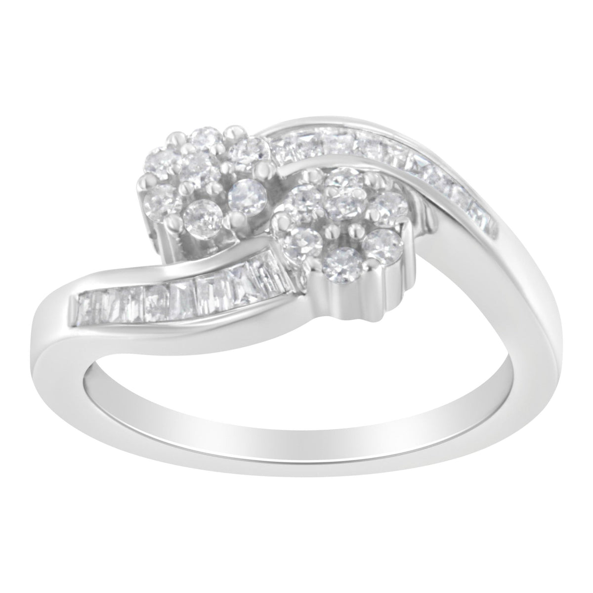 14K White Gold Round and Baguette Diamond Bypass Ring (1/2 cttw, H-I Color, I1-I2 Clarity) - Ring Size 6 - LinkagejewelrydesignLinkagejewelrydesign