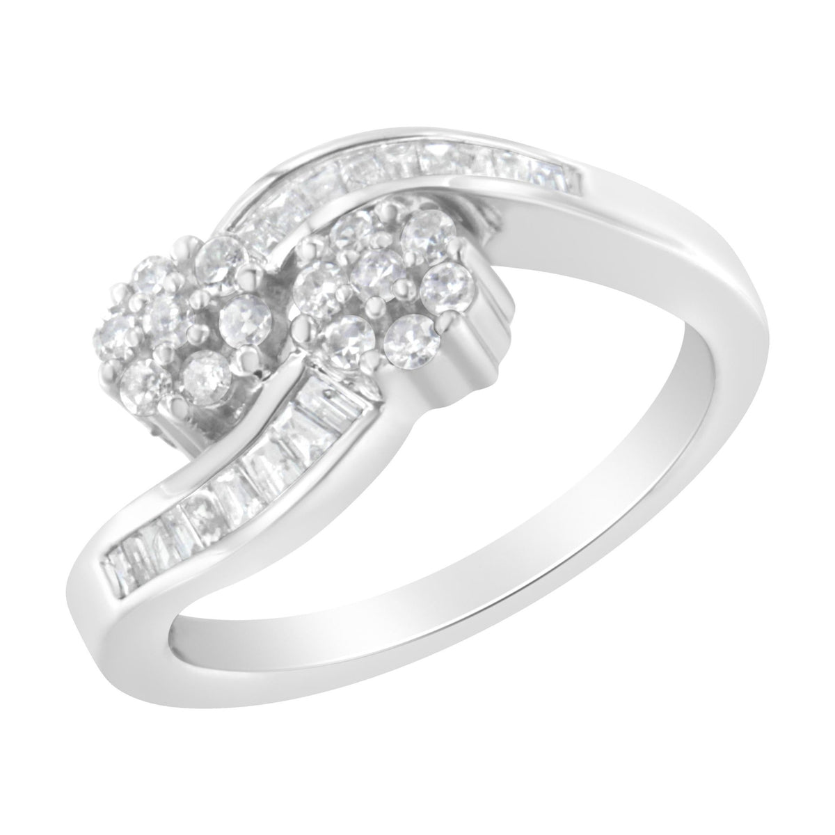 14K White Gold Round and Baguette Diamond Bypass Ring (1/2 cttw, H-I Color, I1-I2 Clarity) - Ring Size 6 - LinkagejewelrydesignLinkagejewelrydesign