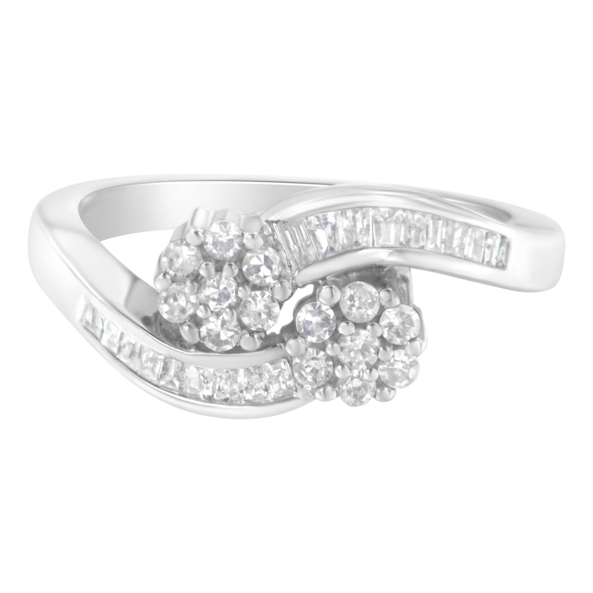 14K White Gold Round and Baguette Diamond Bypass Ring (1/2 cttw, H-I Color, I1-I2 Clarity) - Ring Size 6 - LinkagejewelrydesignLinkagejewelrydesign