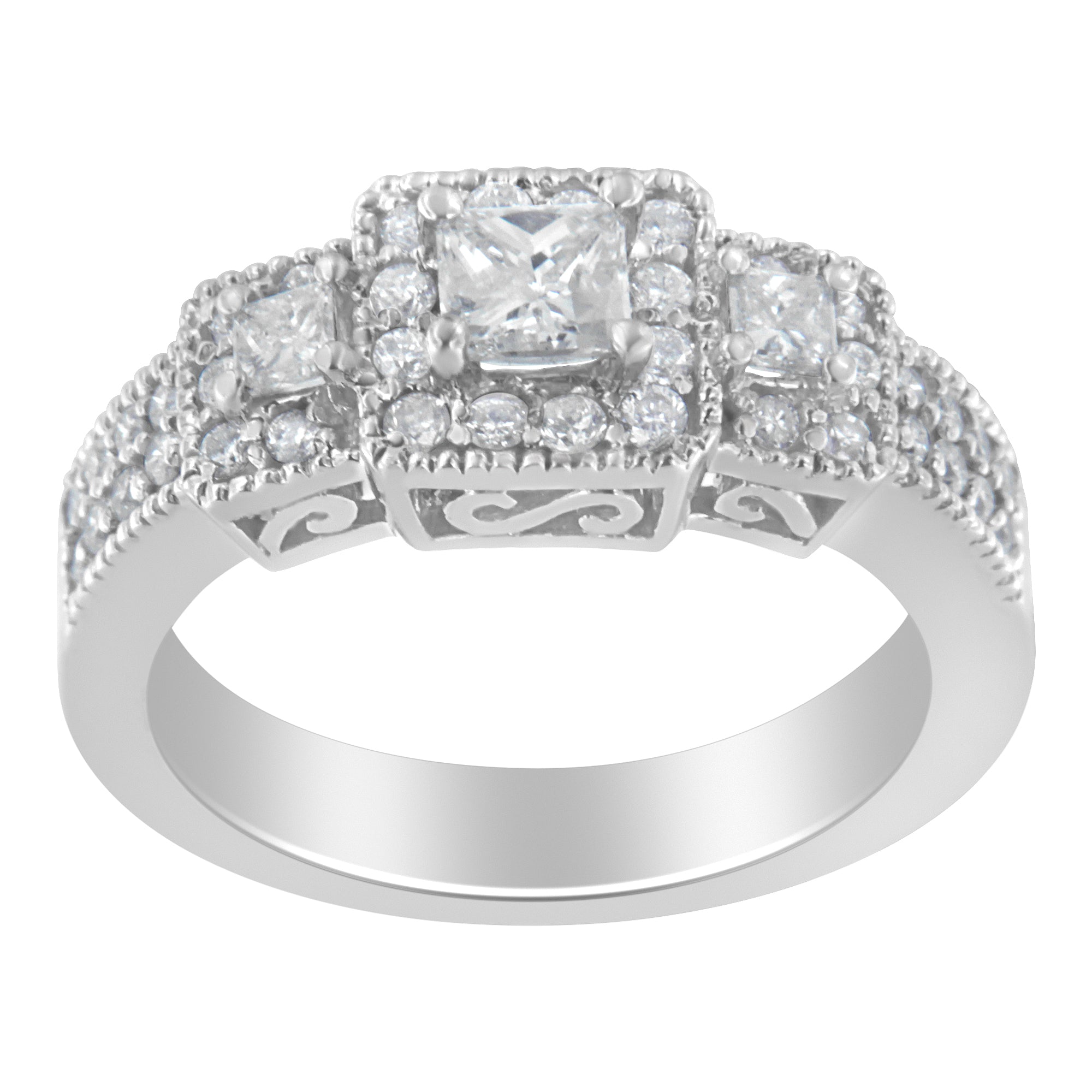 14K White Gold Round and Princess-Cut Diamond Three Stone Ring (1 Cttw, H-I Color, I1-I2 Clarity) - Size 7 - LinkagejewelrydesignLinkagejewelrydesign