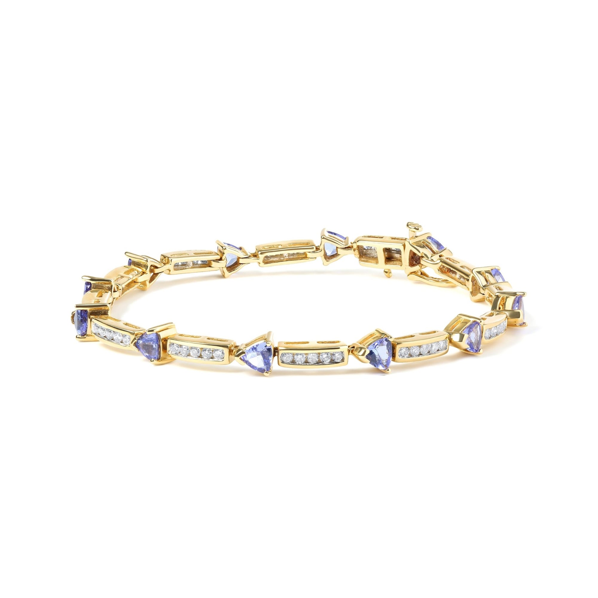 14K Yellow 5MM Trillion Cut Blue Tanzanite and 1 1/10 Cttw Diamond Tennis 7" Inches Bracelet (H-I Color, I1-I2 Clarity) - LinkagejewelrydesignLinkagejewelrydesign