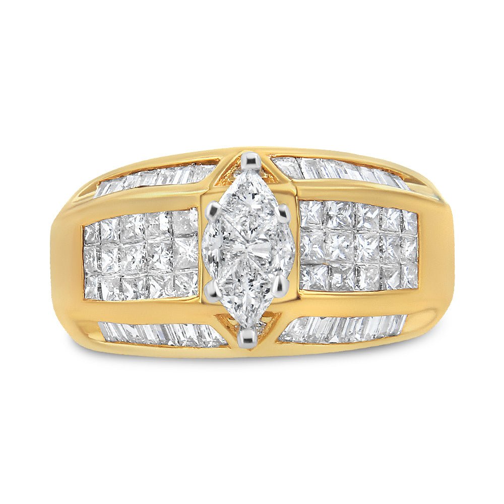 14K Yellow and White Gold 1 3/4 Cttw Round, Baguette, Princess and Pie-Cut Diamond Ring (H-I Color, SI1-SI2 Clarity) - LinkagejewelrydesignLinkagejewelrydesign
