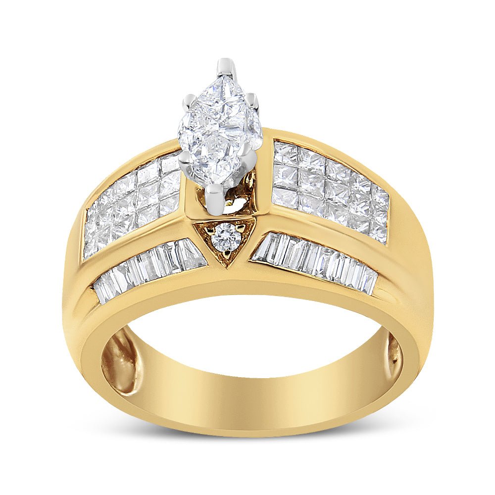 14K Yellow and White Gold 1 3/4 Cttw Round, Baguette, Princess and Pie-Cut Diamond Ring (H-I Color, SI1-SI2 Clarity) - LinkagejewelrydesignLinkagejewelrydesign