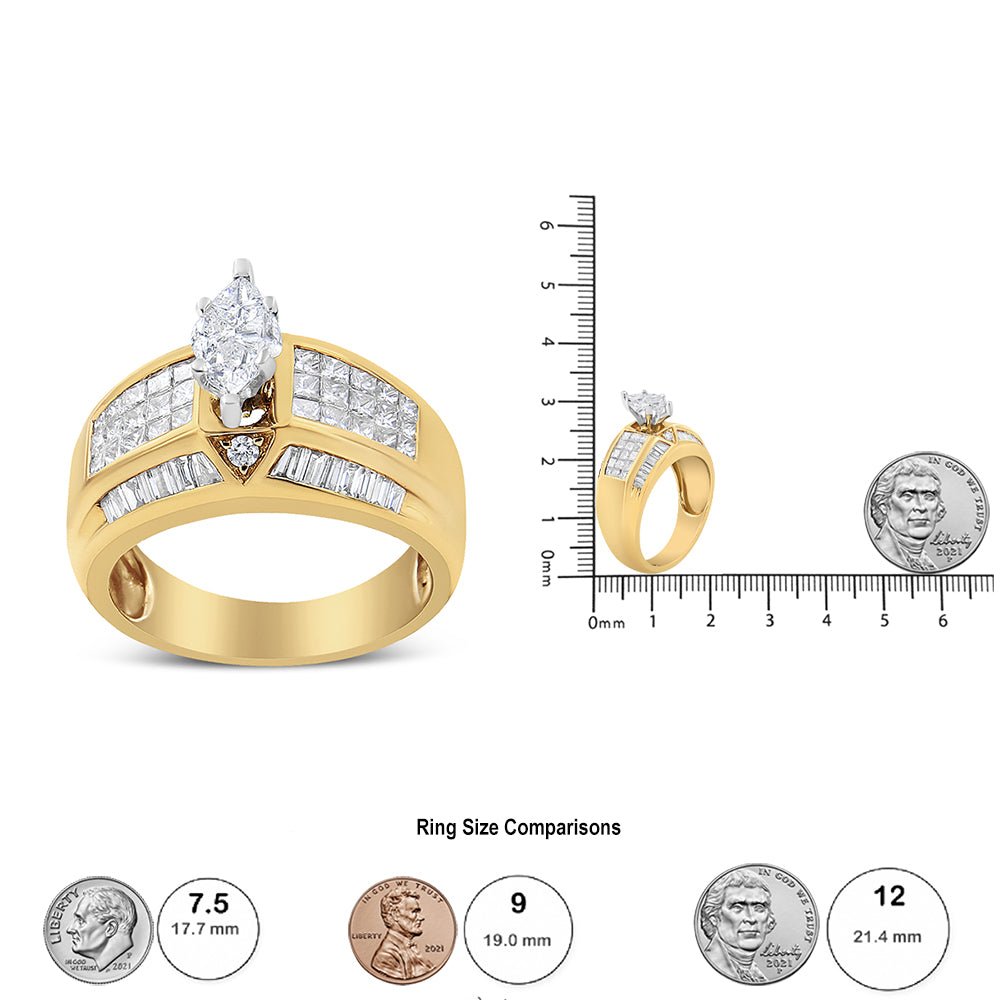 14K Yellow and White Gold 1 3/4 Cttw Round, Baguette, Princess and Pie-Cut Diamond Ring (H-I Color, SI1-SI2 Clarity) - LinkagejewelrydesignLinkagejewelrydesign