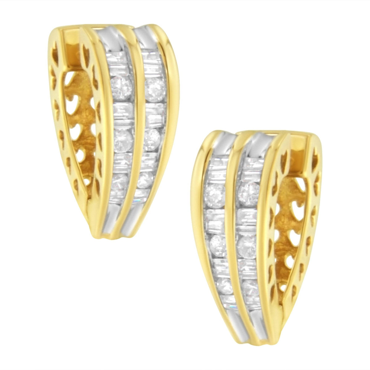 14K Yellow and White Gold 1.0 Cttw Channel Set Round and Baguette Diamond Multi Row Huggy Hoop Earrings (I-J Color, I2-I3 Clarity) - LinkagejewelrydesignLinkagejewelrydesign
