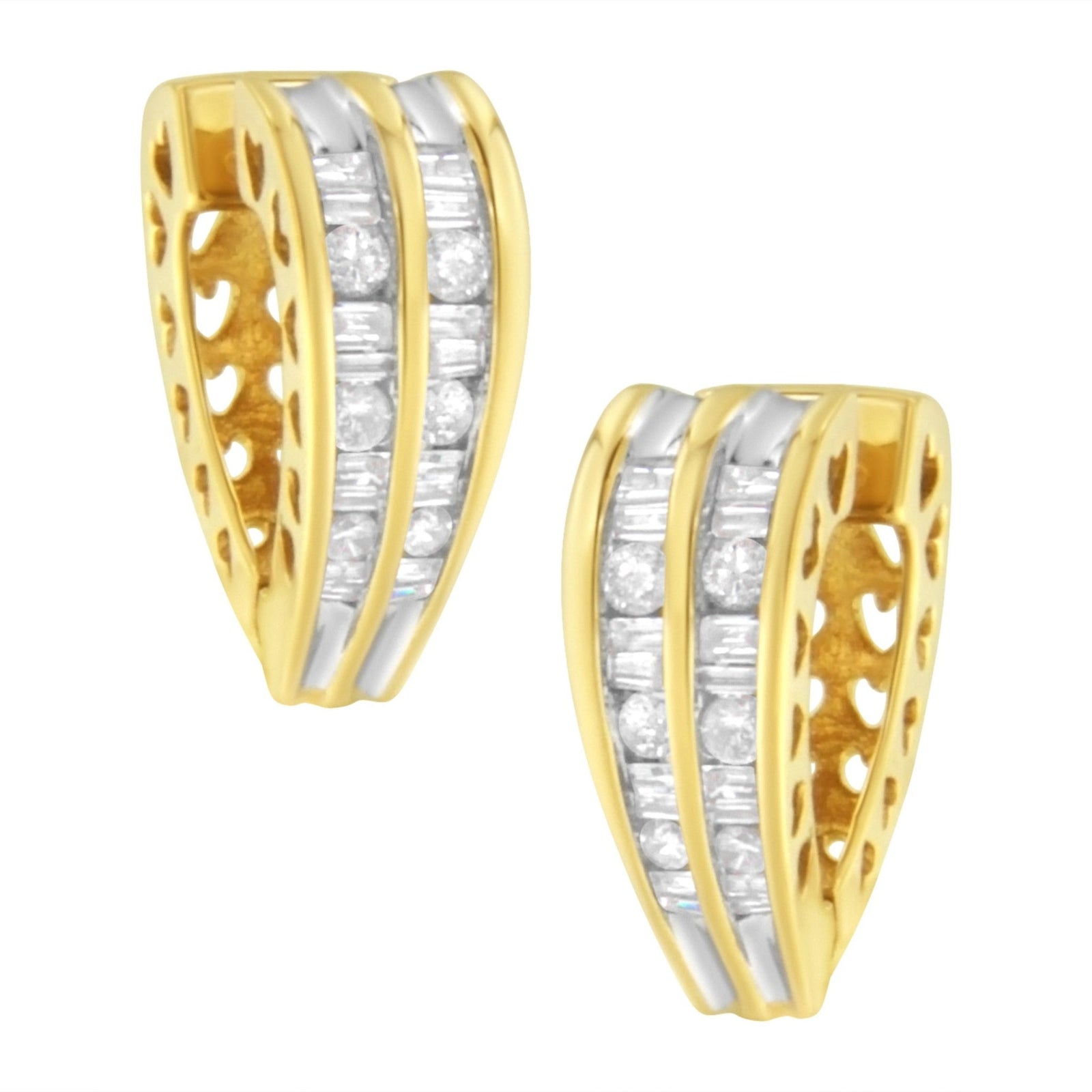 14K Yellow and White Gold 1.0 Cttw Channel Set Round and Baguette Diamond Multi Row Huggy Hoop Earrings (I-J Color, I2-I3 Clarity) - LinkagejewelrydesignLinkagejewelrydesign