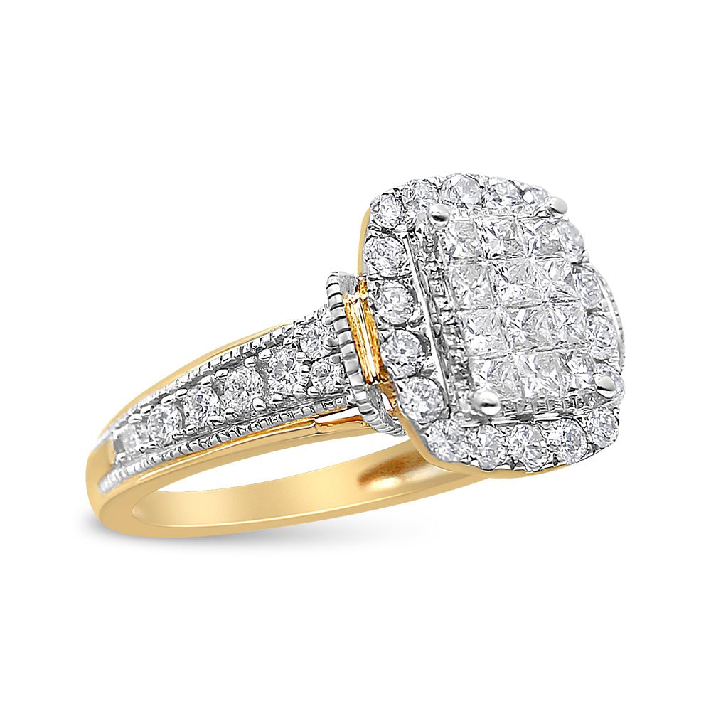14K Yellow and White Gold 1.00 Cttw Princess and Round Cut Emerald Shaped Halo Diamond Cluster Ring (SI1-SI2 Clarity, H-I Color) - Size 7 - LinkagejewelrydesignLinkagejewelrydesign