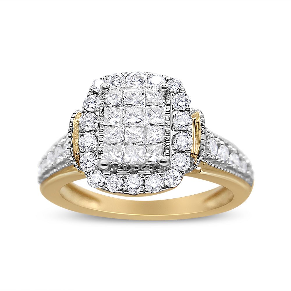 14K Yellow and White Gold 1.00 Cttw Princess and Round Cut Emerald Shaped Halo Diamond Cluster Ring (SI1-SI2 Clarity, H-I Color) - Size 7 - LinkagejewelrydesignLinkagejewelrydesign