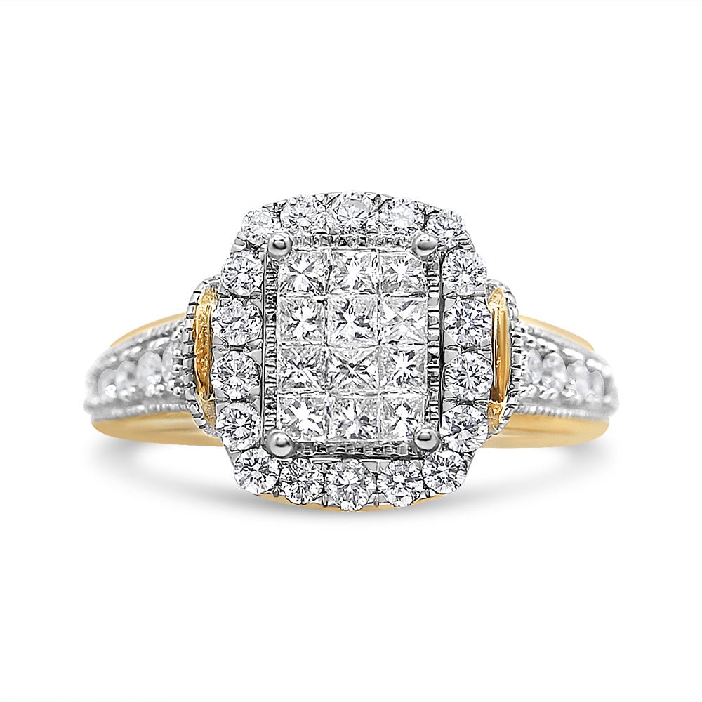 14K Yellow and White Gold 1.00 Cttw Princess and Round Cut Emerald Shaped Halo Diamond Cluster Ring (SI1-SI2 Clarity, H-I Color) - Size 7 - LinkagejewelrydesignLinkagejewelrydesign