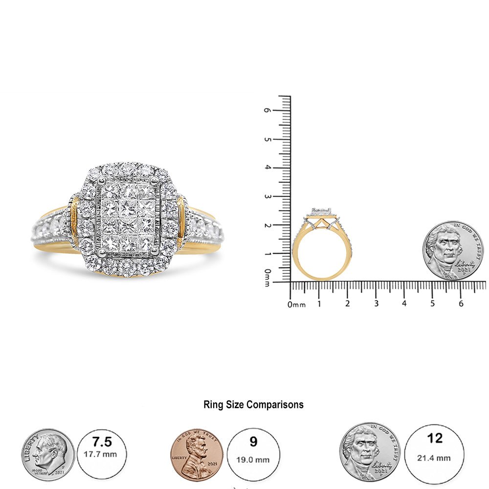14K Yellow and White Gold 1.00 Cttw Princess and Round Cut Emerald Shaped Halo Diamond Cluster Ring (SI1-SI2 Clarity, H-I Color) - Size 7 - LinkagejewelrydesignLinkagejewelrydesign
