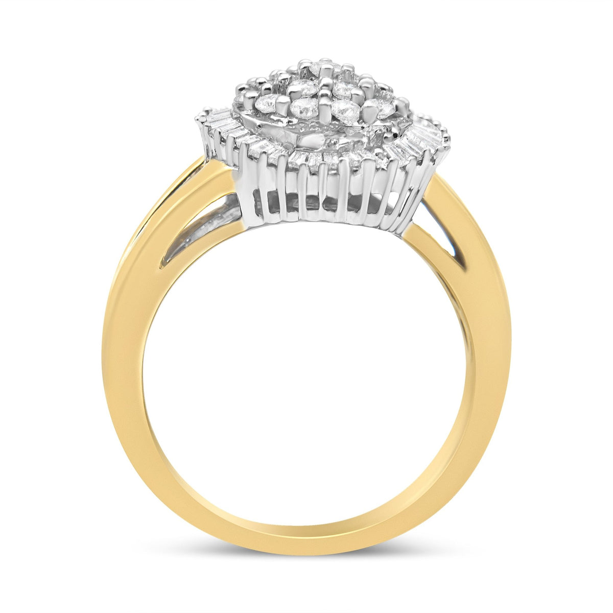 14K Yellow and White Gold 1.00 Cttw Round and Baguette-Cut Diamond Ballerina Cocktail Ring (H-I Color, SI2-I1 Clarity) - LinkagejewelrydesignLinkagejewelrydesign