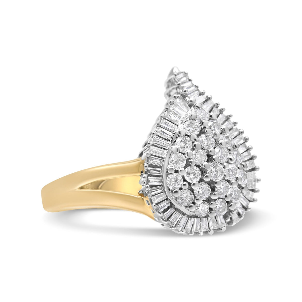 14K Yellow and White Gold 1.00 Cttw Round and Baguette-Cut Diamond Ballerina Cocktail Ring (H-I Color, SI2-I1 Clarity) - LinkagejewelrydesignLinkagejewelrydesign